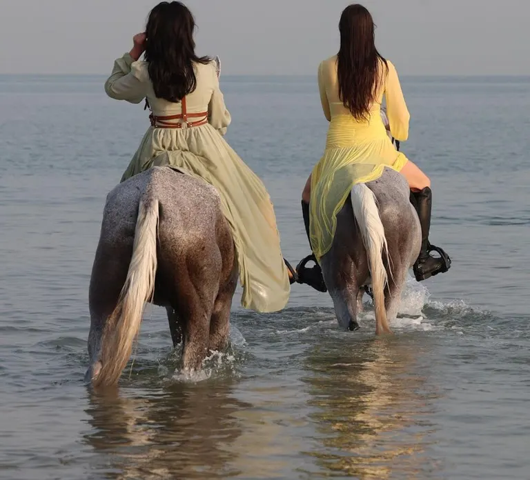שתי רוכבות על סוסים במים הרדודים