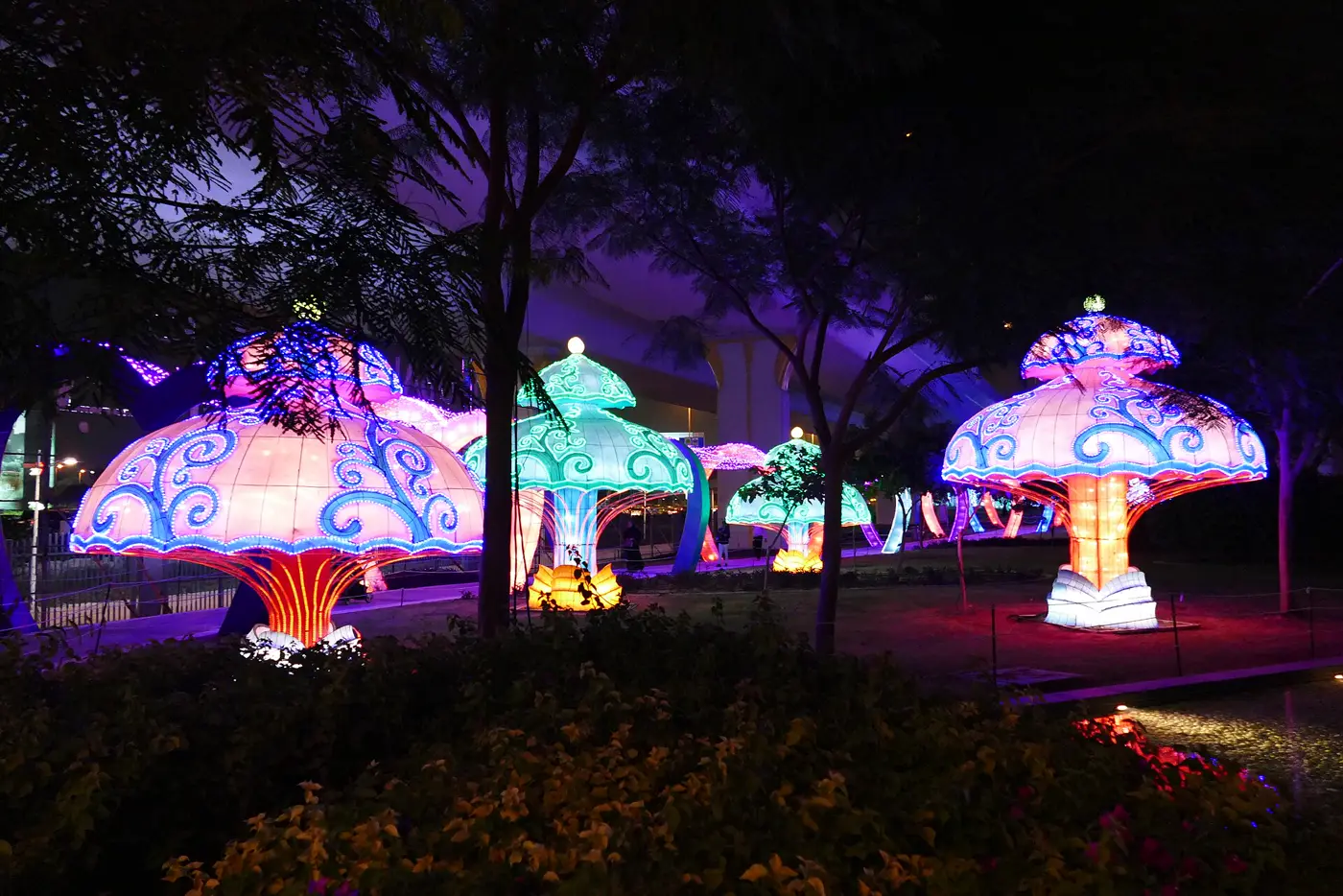 פסלי פטריות מוארים בצבעים בפארק Garden Glow בזאעבל בדובאי בלילה