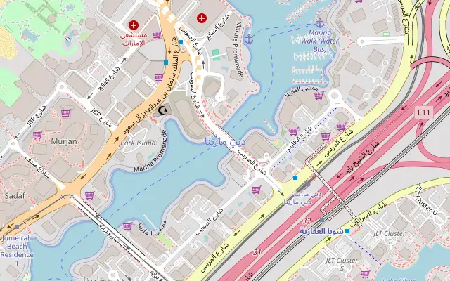 מפה: ליד מלון Dubai Marriott Harbour, מרינה דובאי — Al Sufouh Road, מרינה דובאי, דובאי