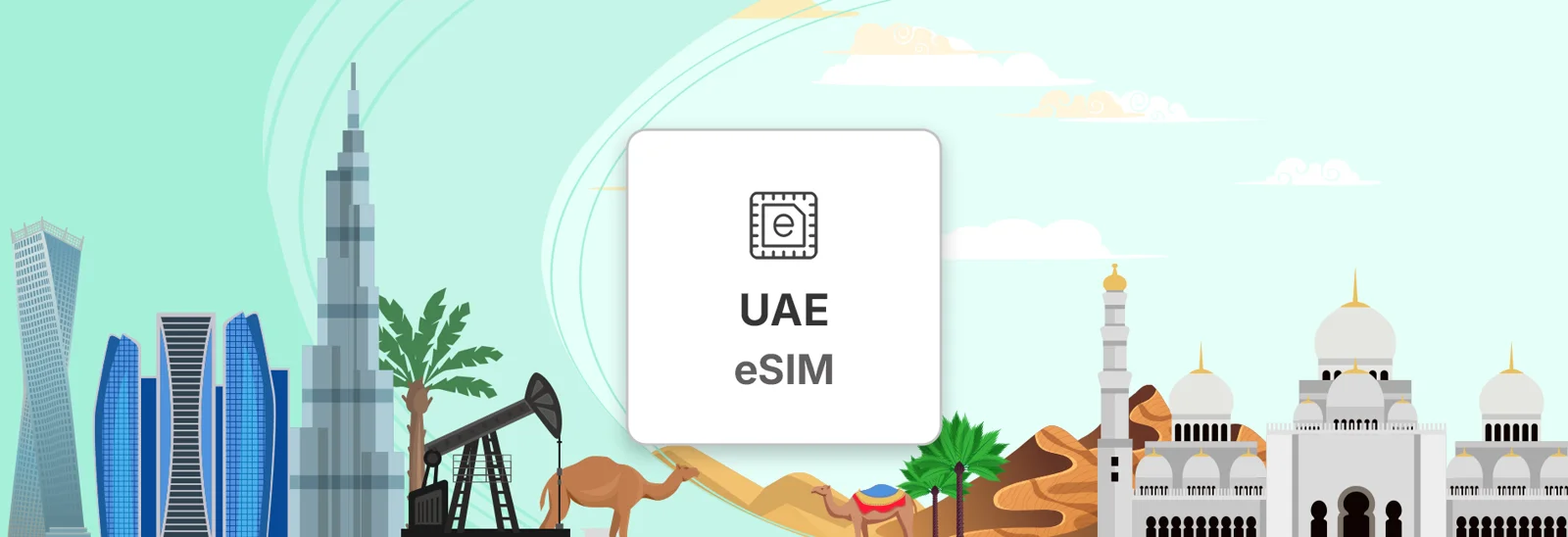 איור של eSIM לאמירויות עם בורג׳ ח׳ליפה ומסגד